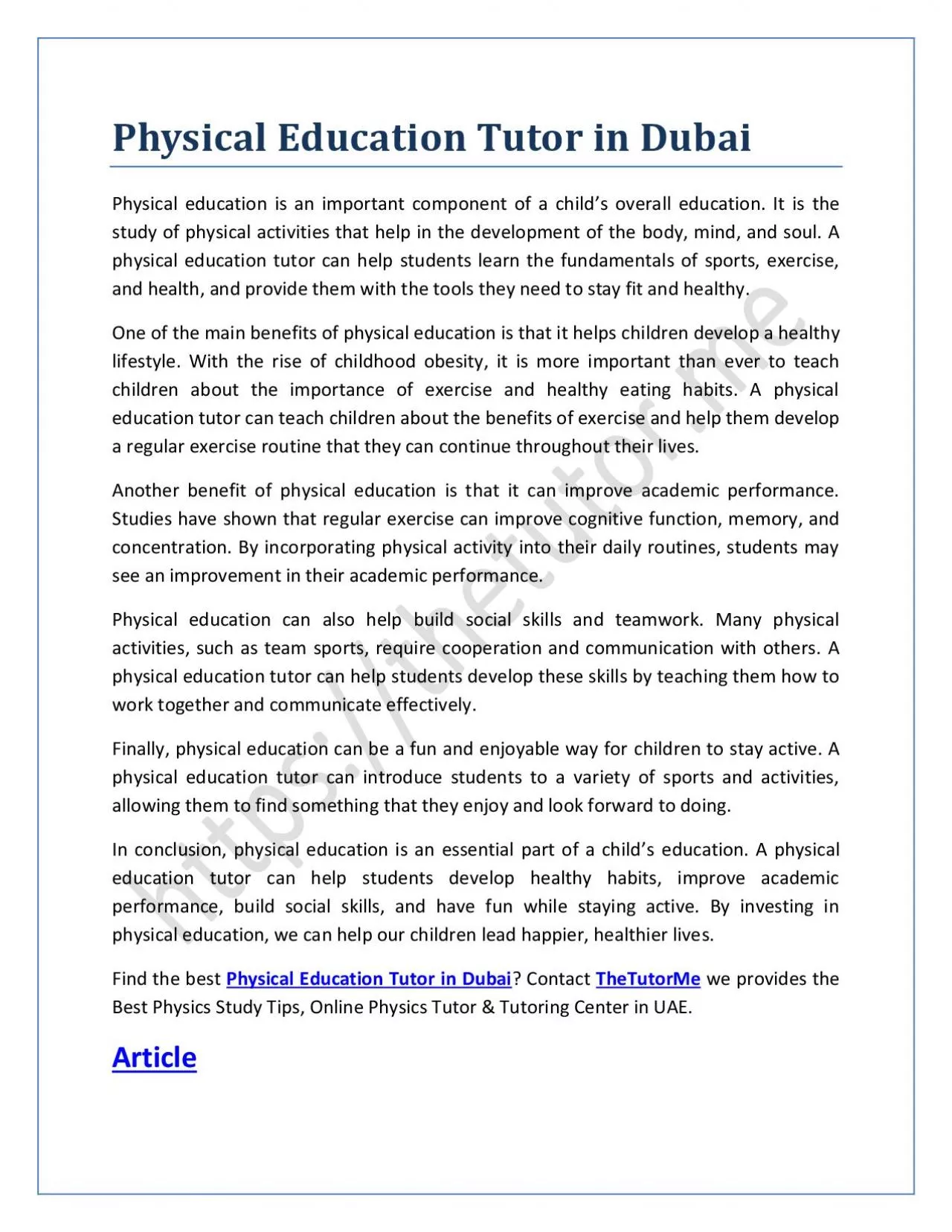 PDF-Physical Education Tutor in Dubai