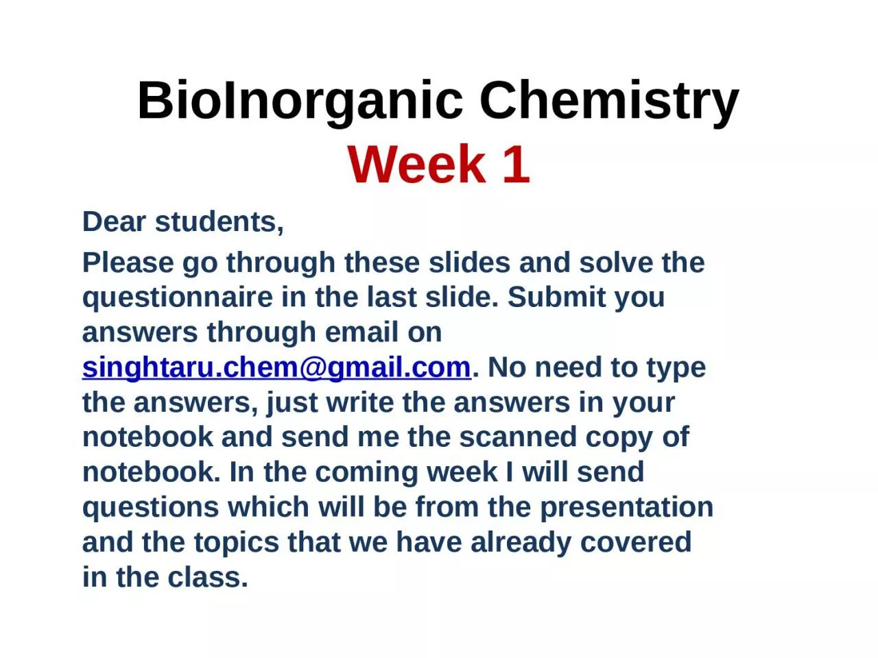 BioInorganic  Chemistry Week 1