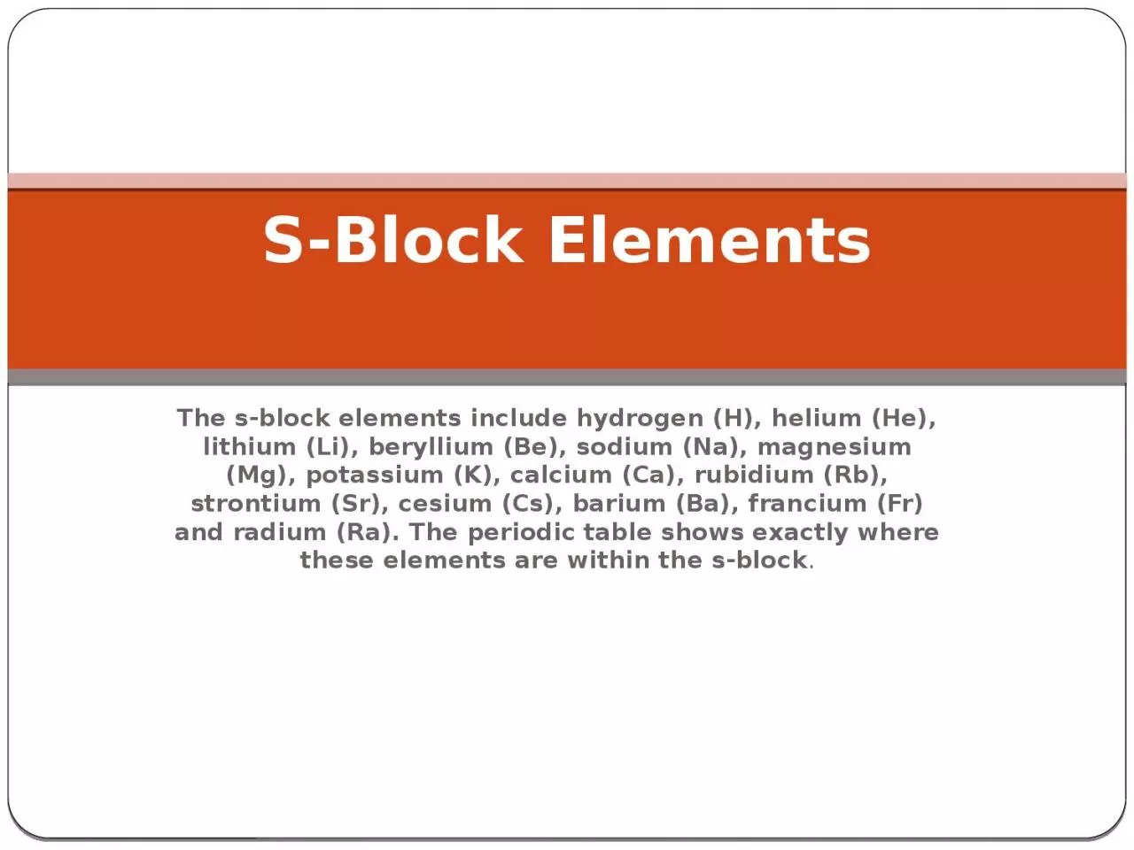 The s-block elements include hydrogen (H), helium (He), lithium (Li), beryllium (Be),