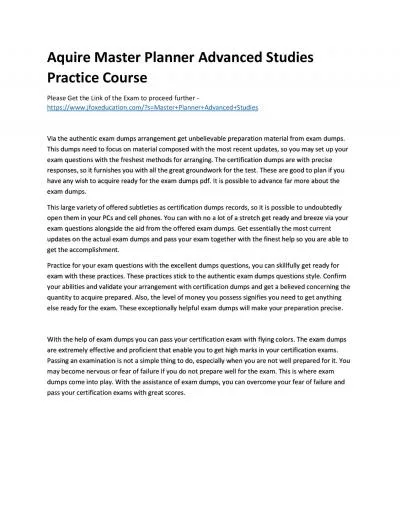 Aquire Master Planner Advanced Studies Practice Course