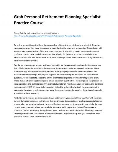 Grab Personal Retirement Planning Specialist Practice Course