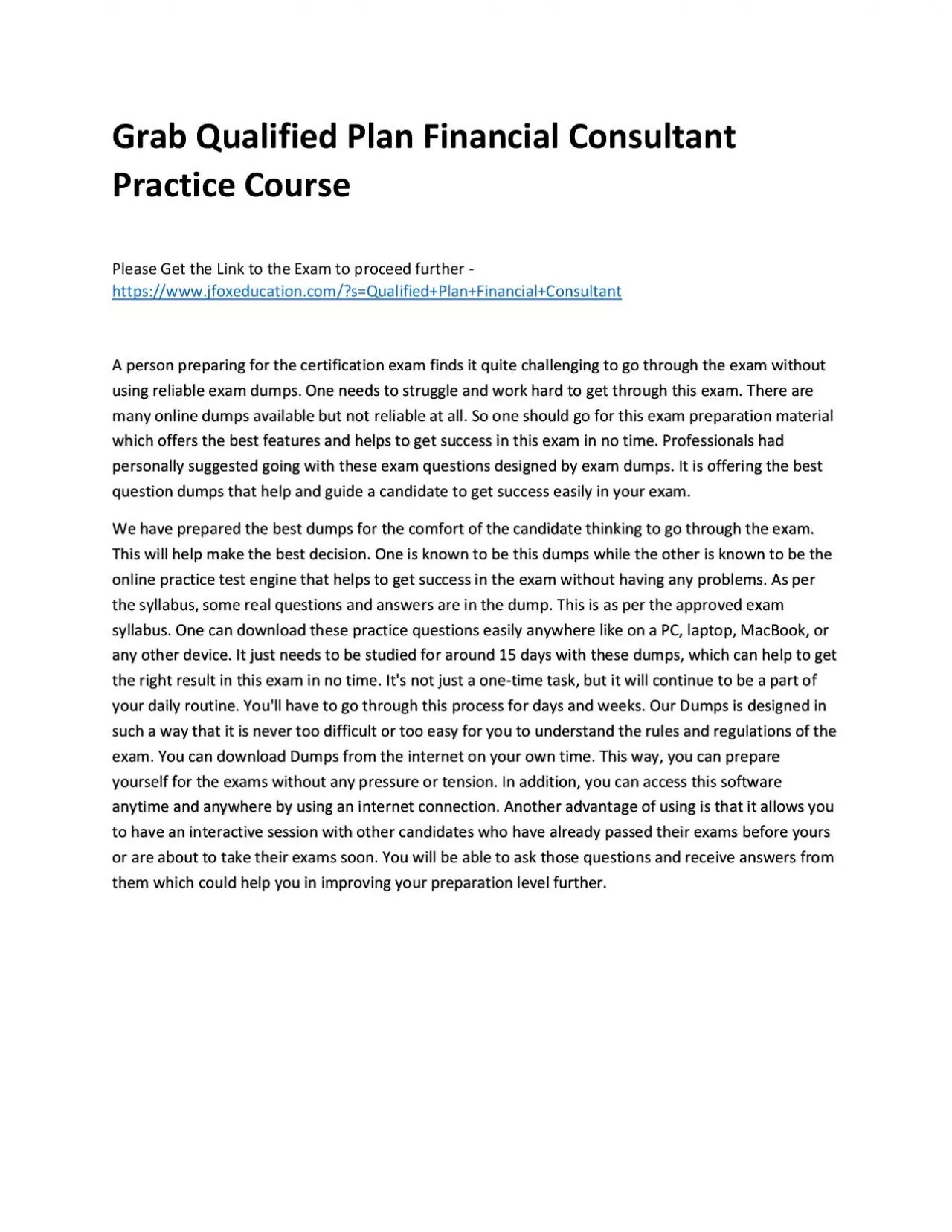 Grab Qualified Plan Financial Consultant Practice Course