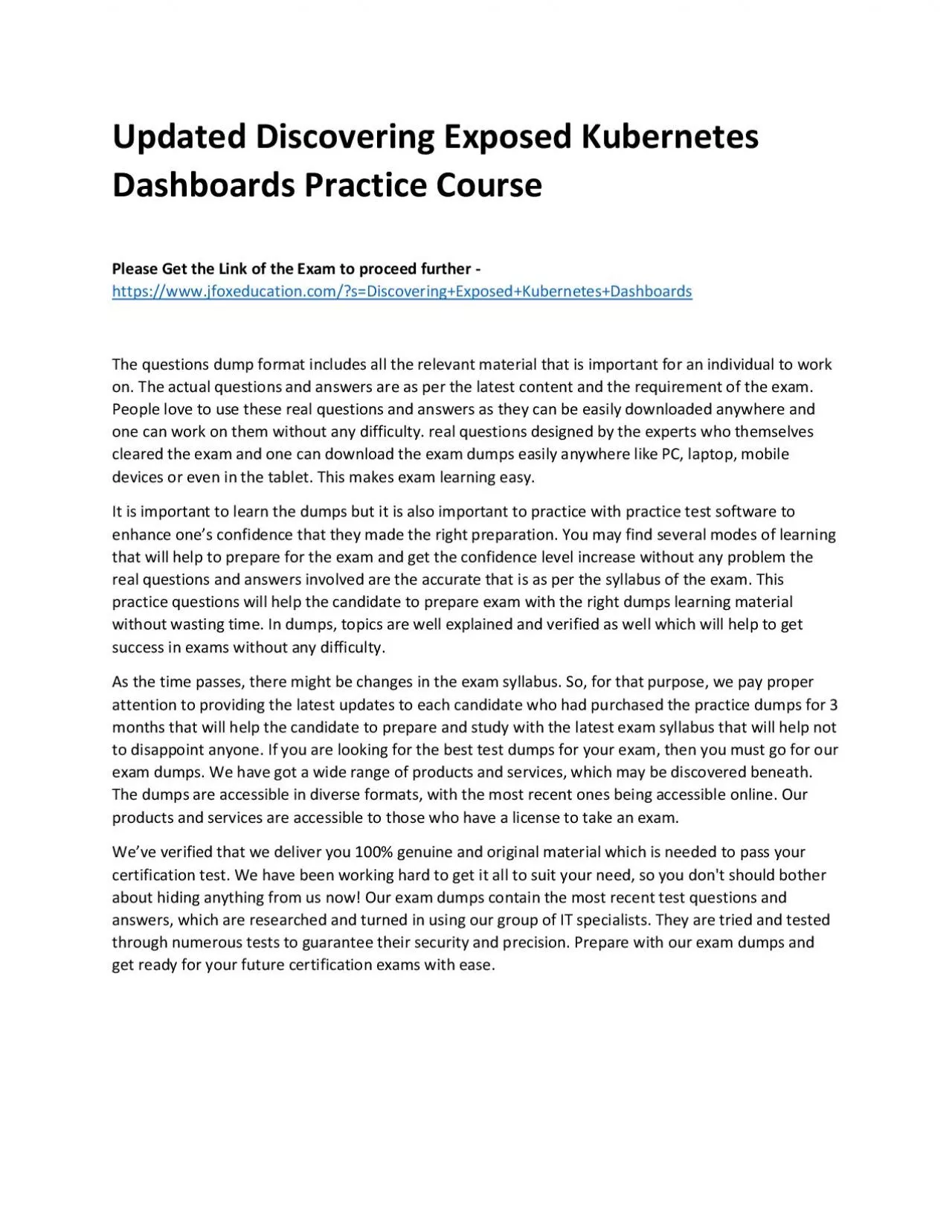 PDF-Updated Discovering Exposed Kubernetes Dashboards Practice Course