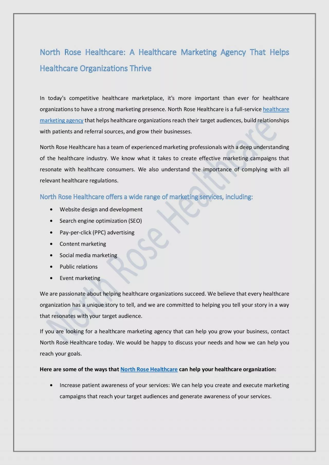 PDF-North Rose Healthcare: A Healthcare Marketing Agency That Helps Healthcare Organizations