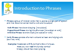 Phrase -a group of related words that is used as a single part of speech and that does not contain