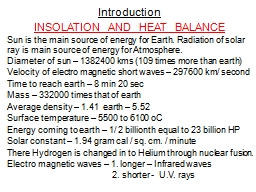 Introduction INSOLATION  AND  HEAT  BALANCE