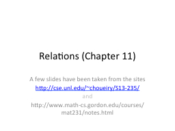 Relations (Chapter 11) A few slides
