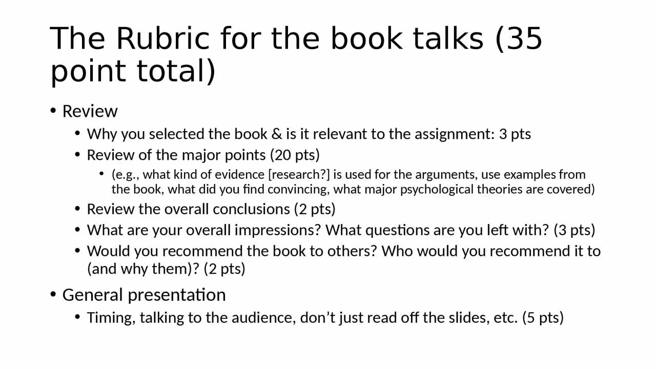 PPT-The Rubric for the book talks (35 point total)