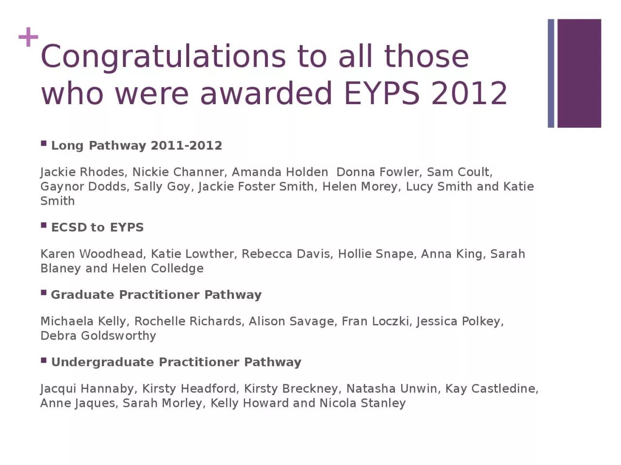 PPT-Congratulations to all those who were awarded EYPS 2012