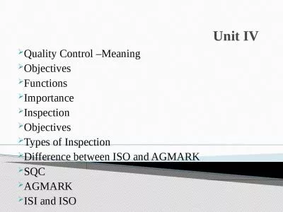 Unit IV Quality Control –Meaning
