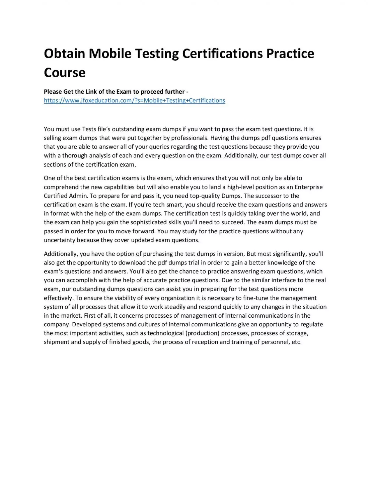 PDF-Obtain Mobile Testing Certifications Practice Course