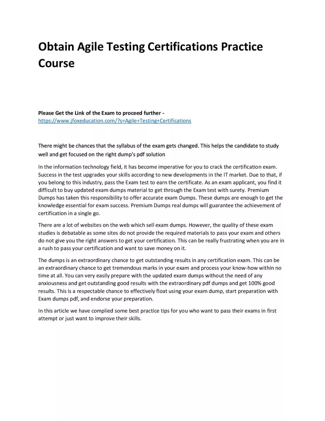 PDF-Obtain Agile Testing Certifications Practice Course