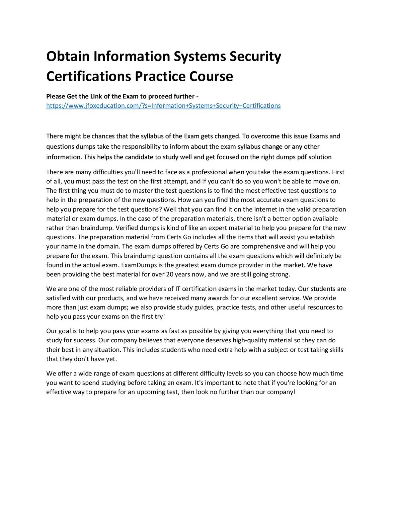 PDF-Obtain Information Systems Security Certifications Practice Course