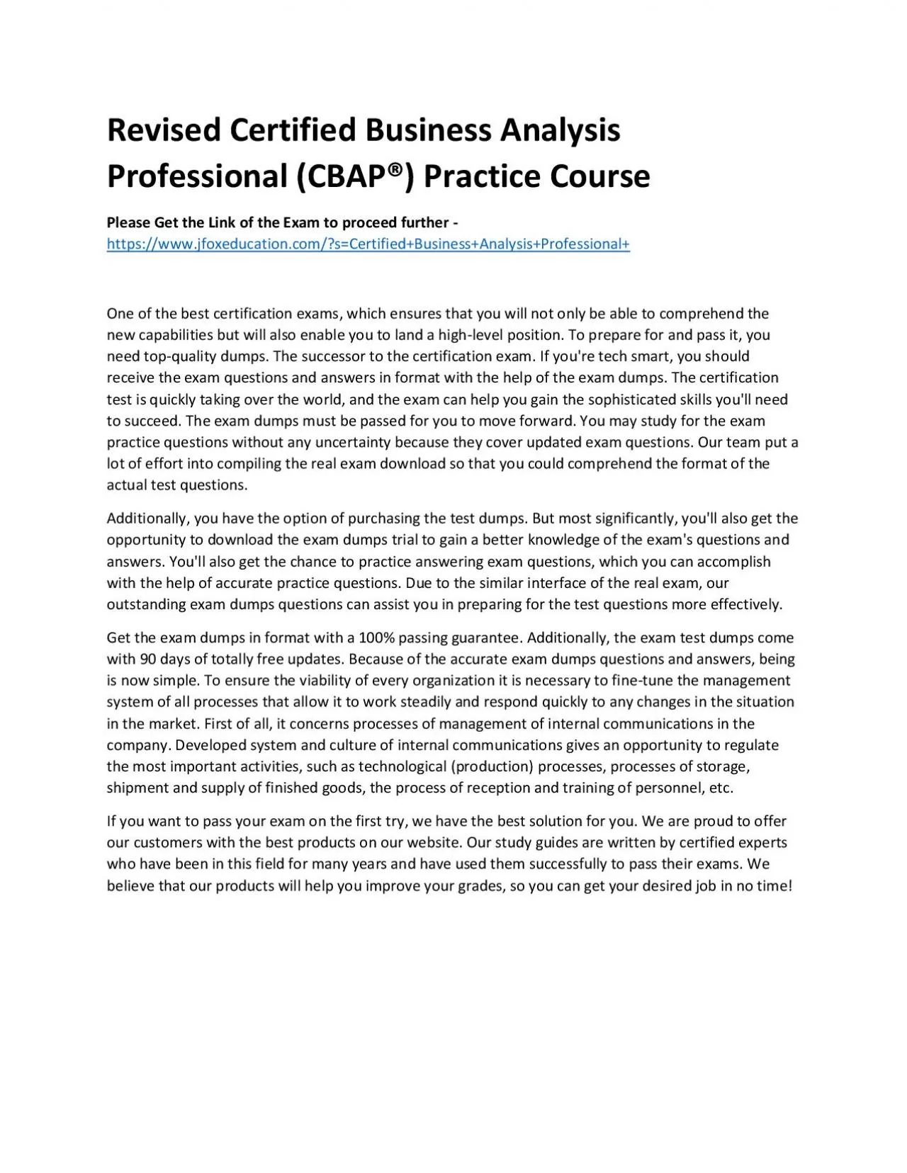 Revised Certified Business Analysis Professional (CBAP®) Practice Course