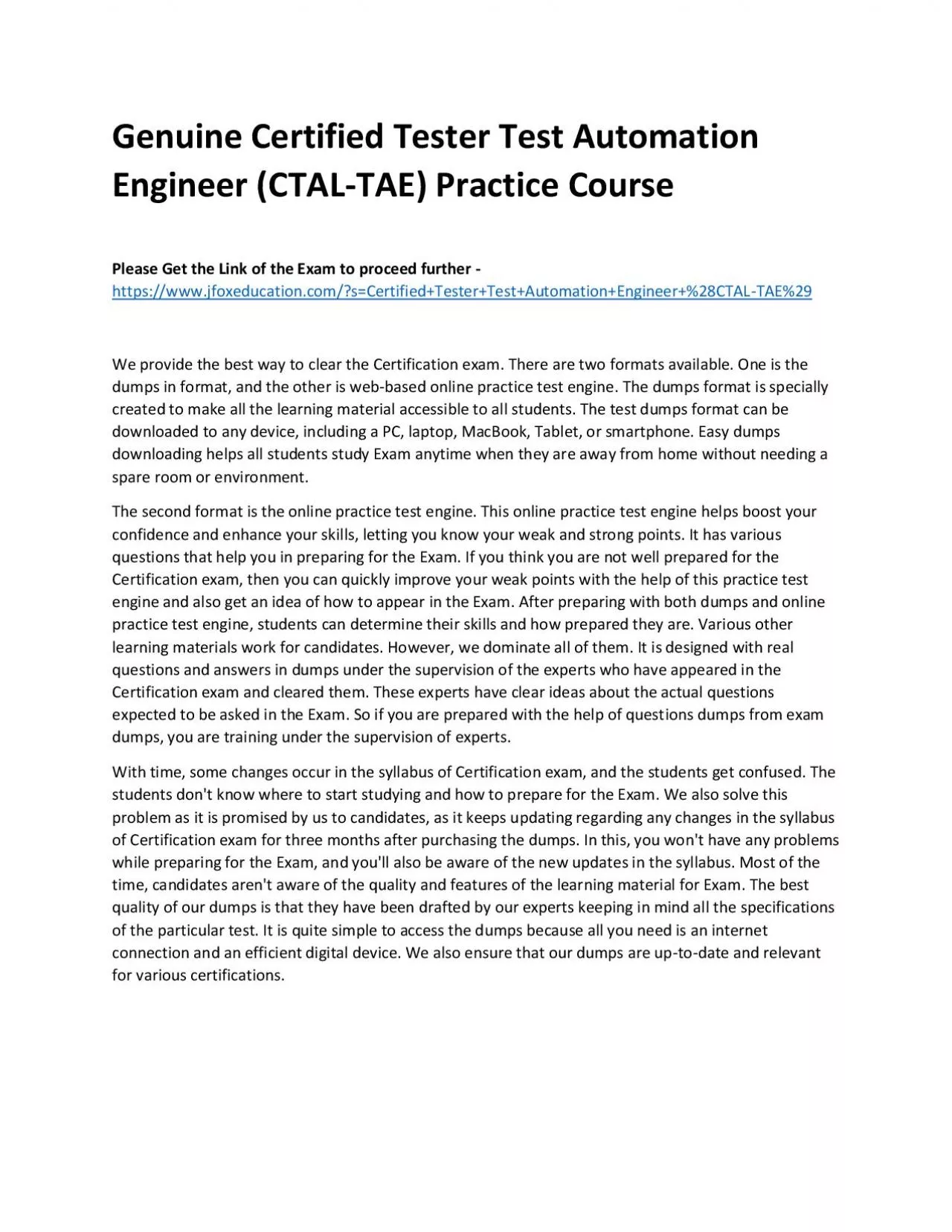 PDF-Genuine Certified Tester Test Automation Engineer (CTAL-TAE) Practice Course