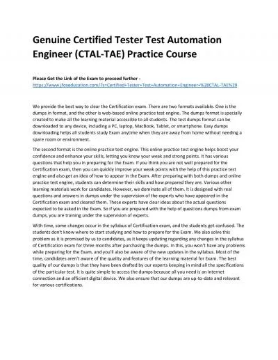 Genuine Certified Tester Test Automation Engineer (CTAL-TAE) Practice Course