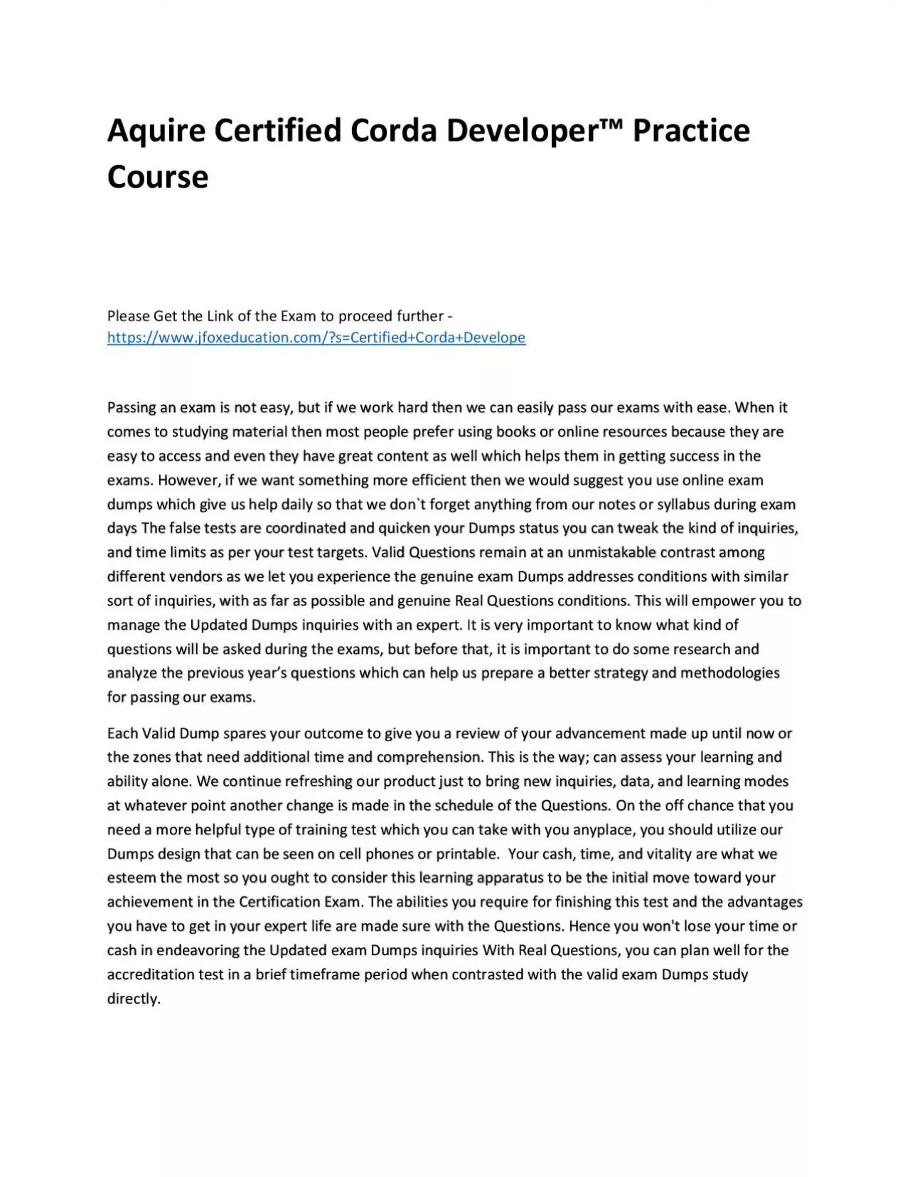 PDF-Aquire Certified Corda Developer™ Practice Course