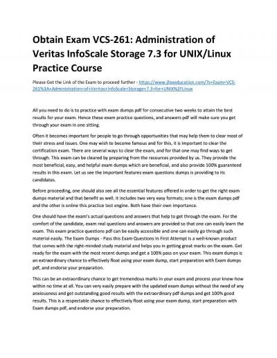 Obtain Exam VCS-261: Administration of Veritas InfoScale Storage 7.3 for UNIX/Linux Practice Course