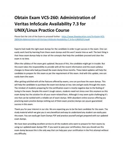 Obtain Exam VCS-260: Administration of Veritas InfoScale Availability 7.3 for UNIX/Linux