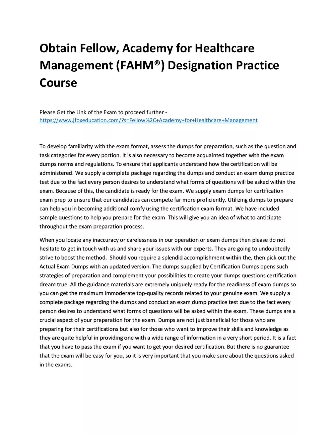 PDF-Obtain Fellow, Academy for Healthcare Management (FAHM®) Designation Practice Course