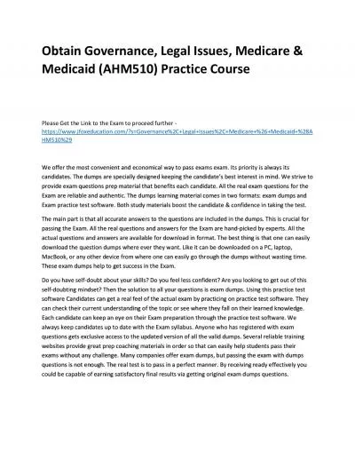 Obtain Governance, Legal Issues, Medicare & Medicaid (AHM510) Practice Course