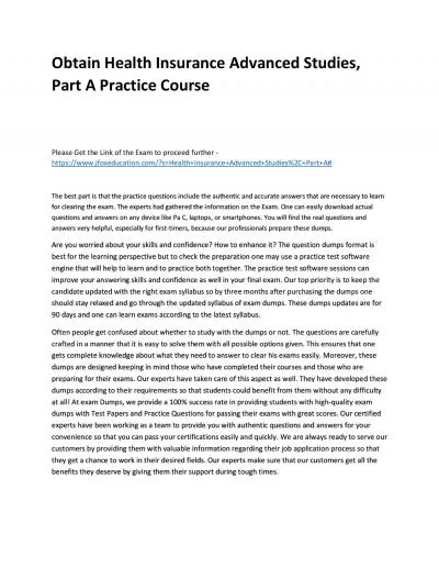 Obtain Health Insurance Advanced Studies, Part A Practice Course