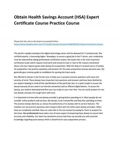 Obtain Health Savings Account (HSA) Expert Certificate Course Practice Course