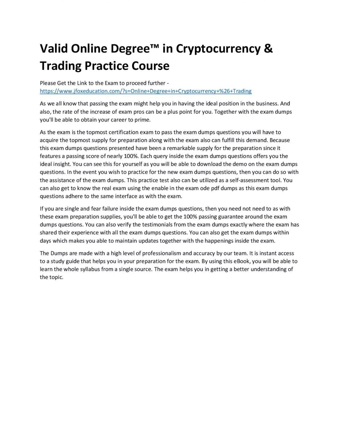 PDF-Valid Online Degree™ in Cryptocurrency & Trading Practice Course