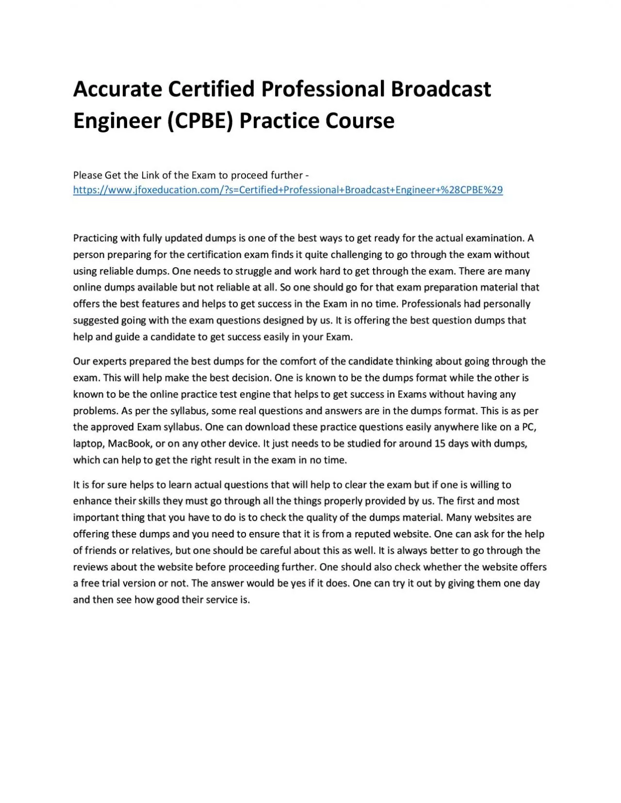 PDF-Accurate Certified Professional Broadcast Engineer (CPBE) Practice Course