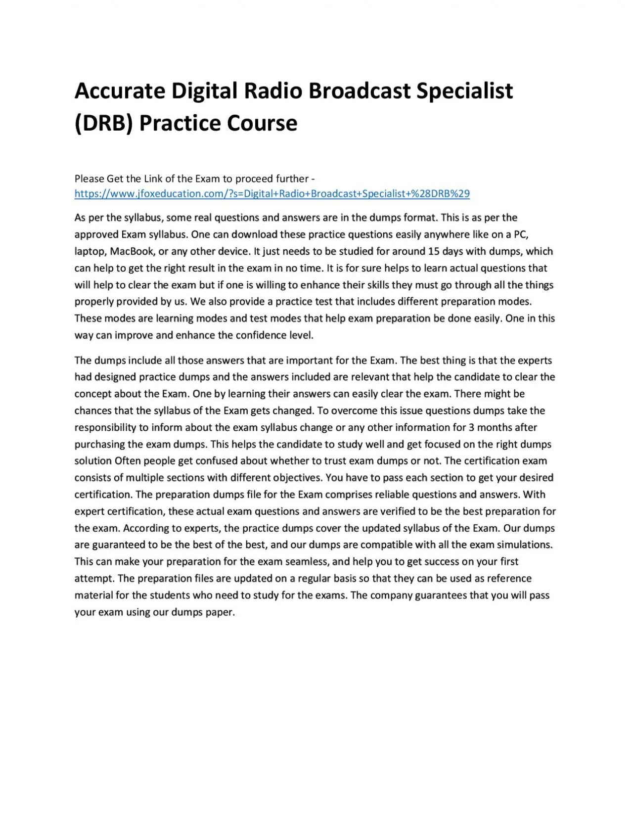 PDF-Accurate Digital Radio Broadcast Specialist (DRB) Practice Course