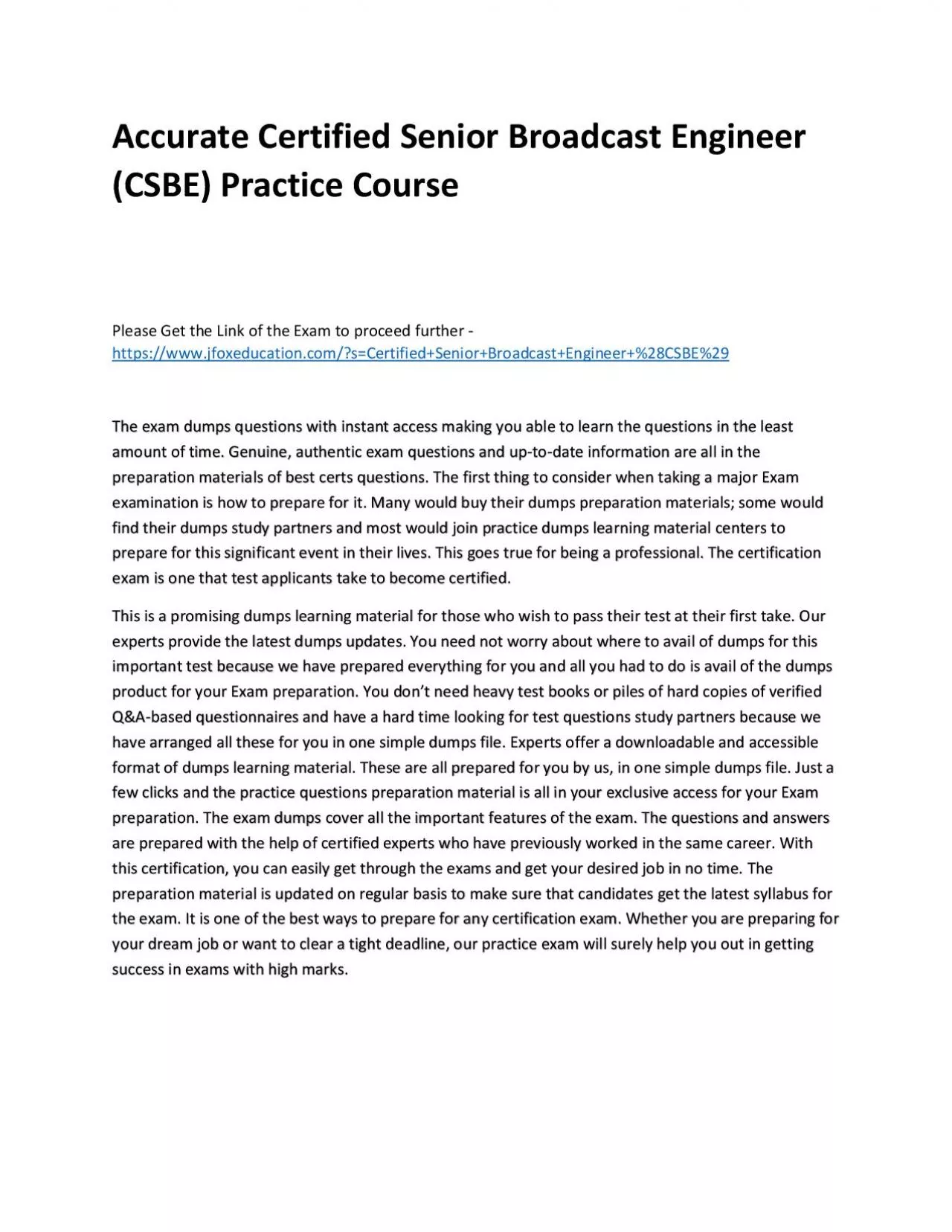 PDF-Accurate Certified Senior Broadcast Engineer (CSBE) Practice Course