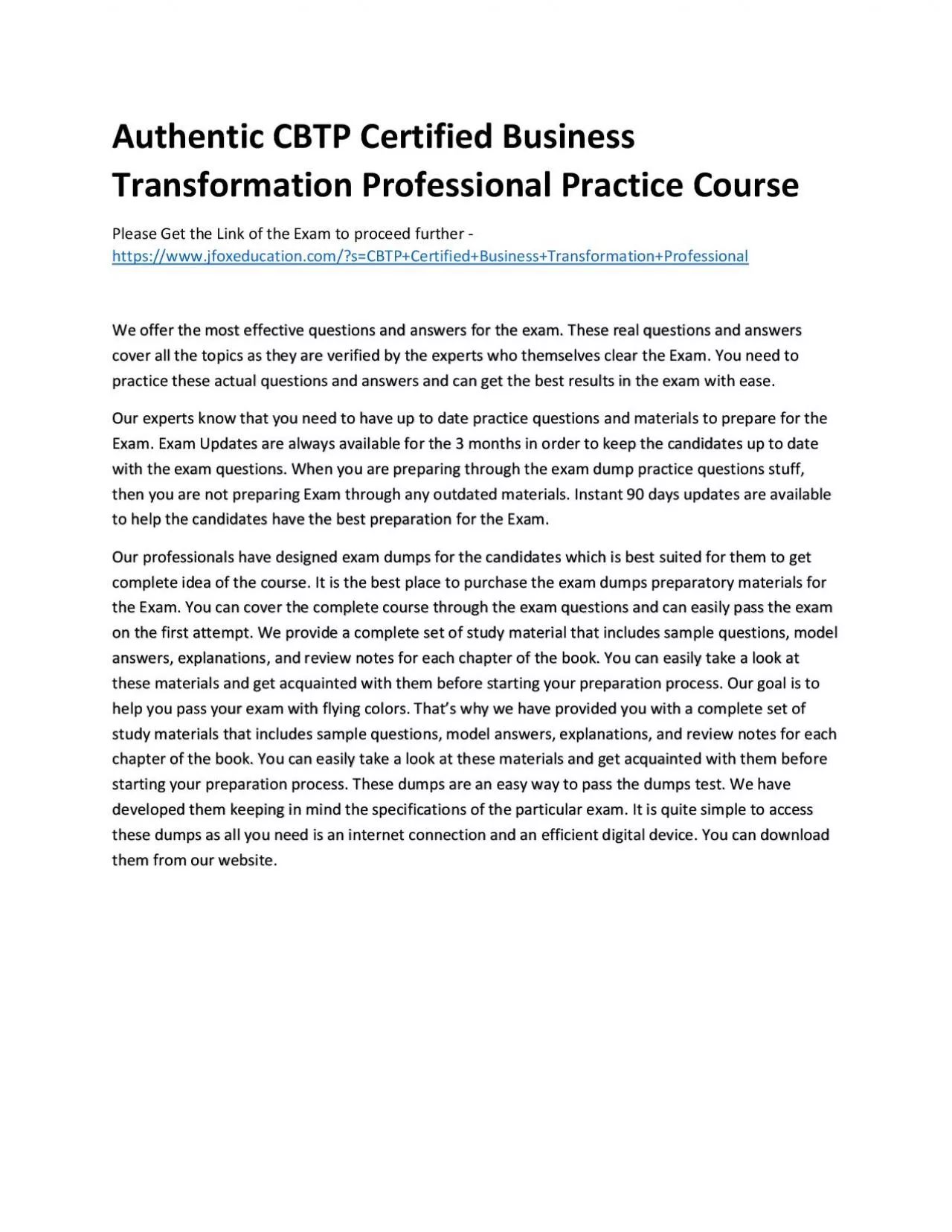 Authentic CBTP Certified Business Transformation Professional Practice Course