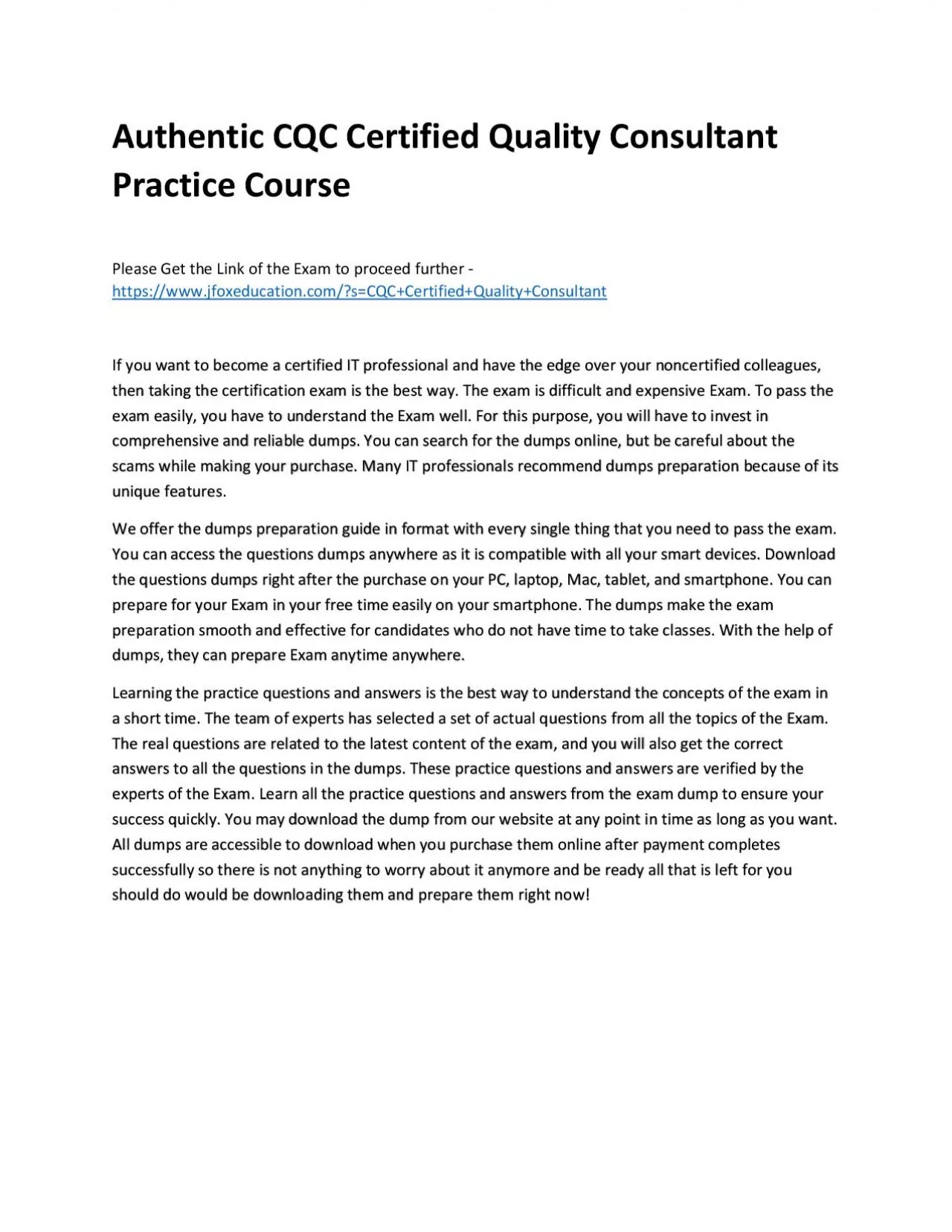 PDF-Authentic CQC Certified Quality Consultant Practice Course