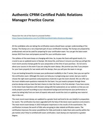 Authentic CPRM Certified Public Relations Manager Practice Course