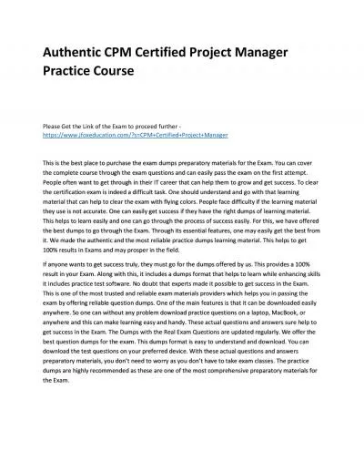 Authentic CPM Certified Project Manager Practice Course
