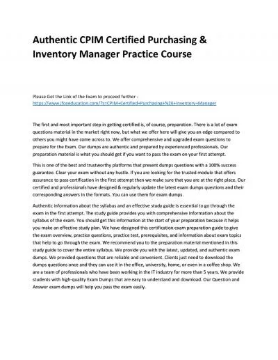 Authentic CPIM Certified Purchasing & Inventory Manager Practice Course