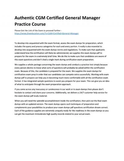 Authentic CGM Certified General Manager Practice Course