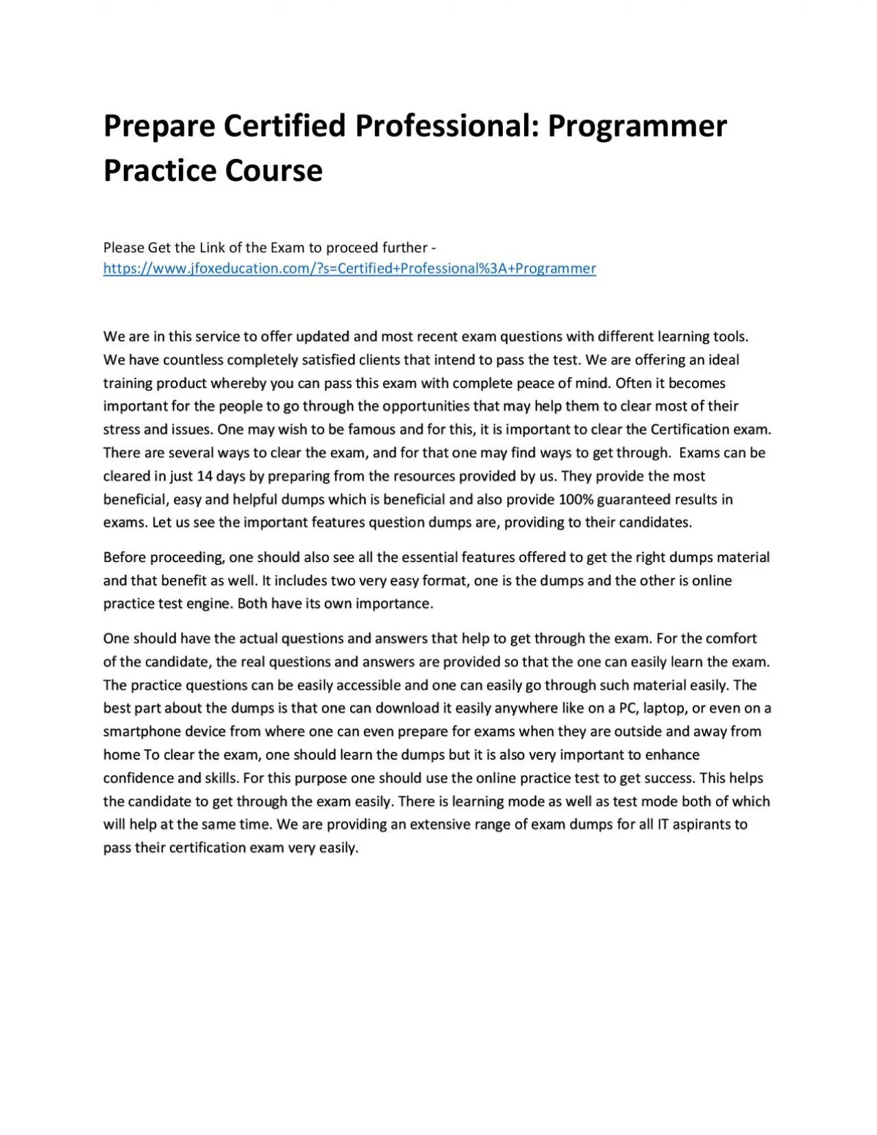 Prepare Certified Professional: Programmer Practice Course