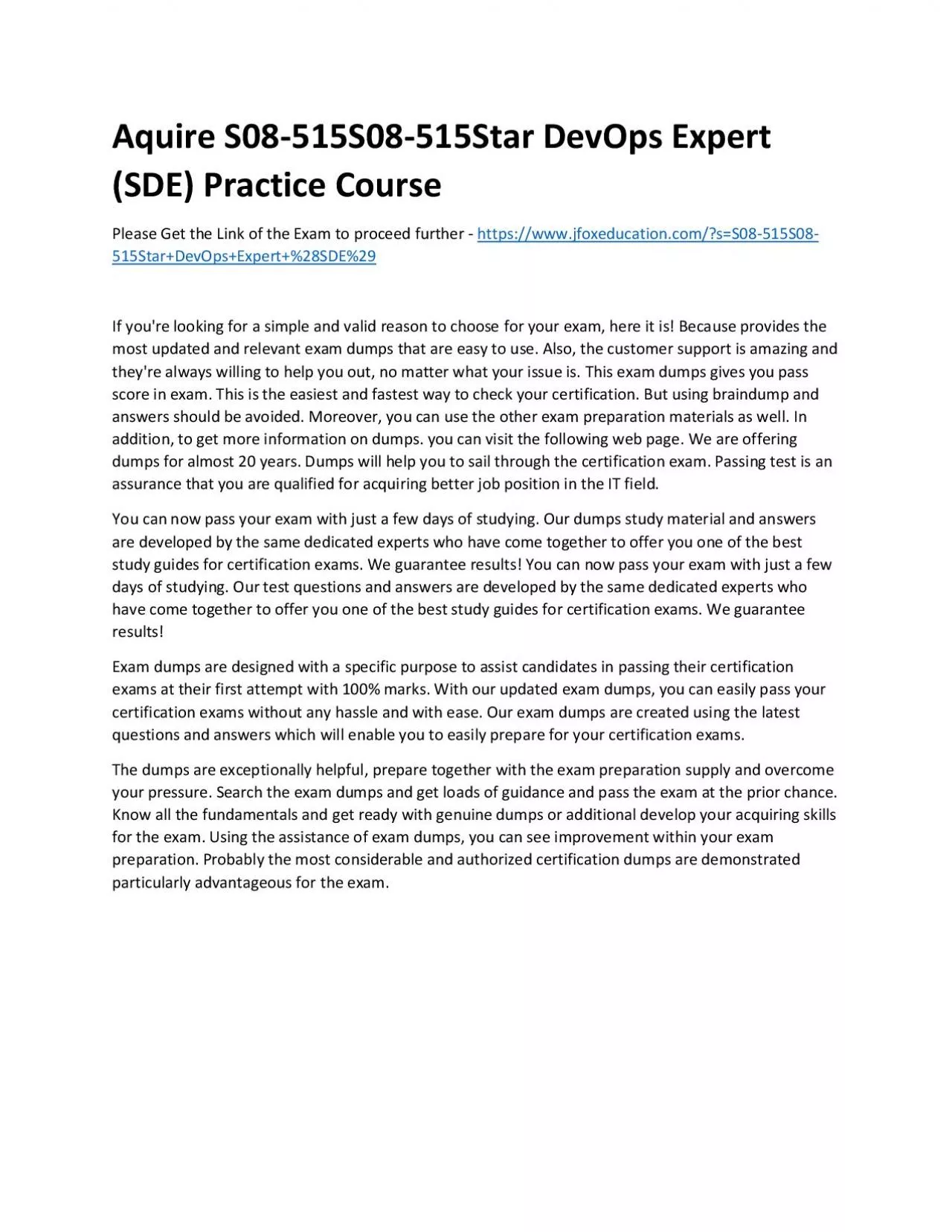 Aquire S08-515S08-515Star DevOps Expert (SDE) Practice Course