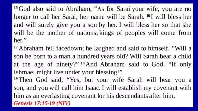 15  God also said to Abraham, “As for Sarai your wife, you are no longer to call her Sarai; her