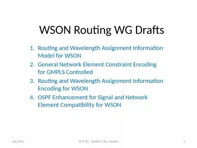 WSON Routing WG Drafts Routing and Wavelength Assignment Information Model for WSON