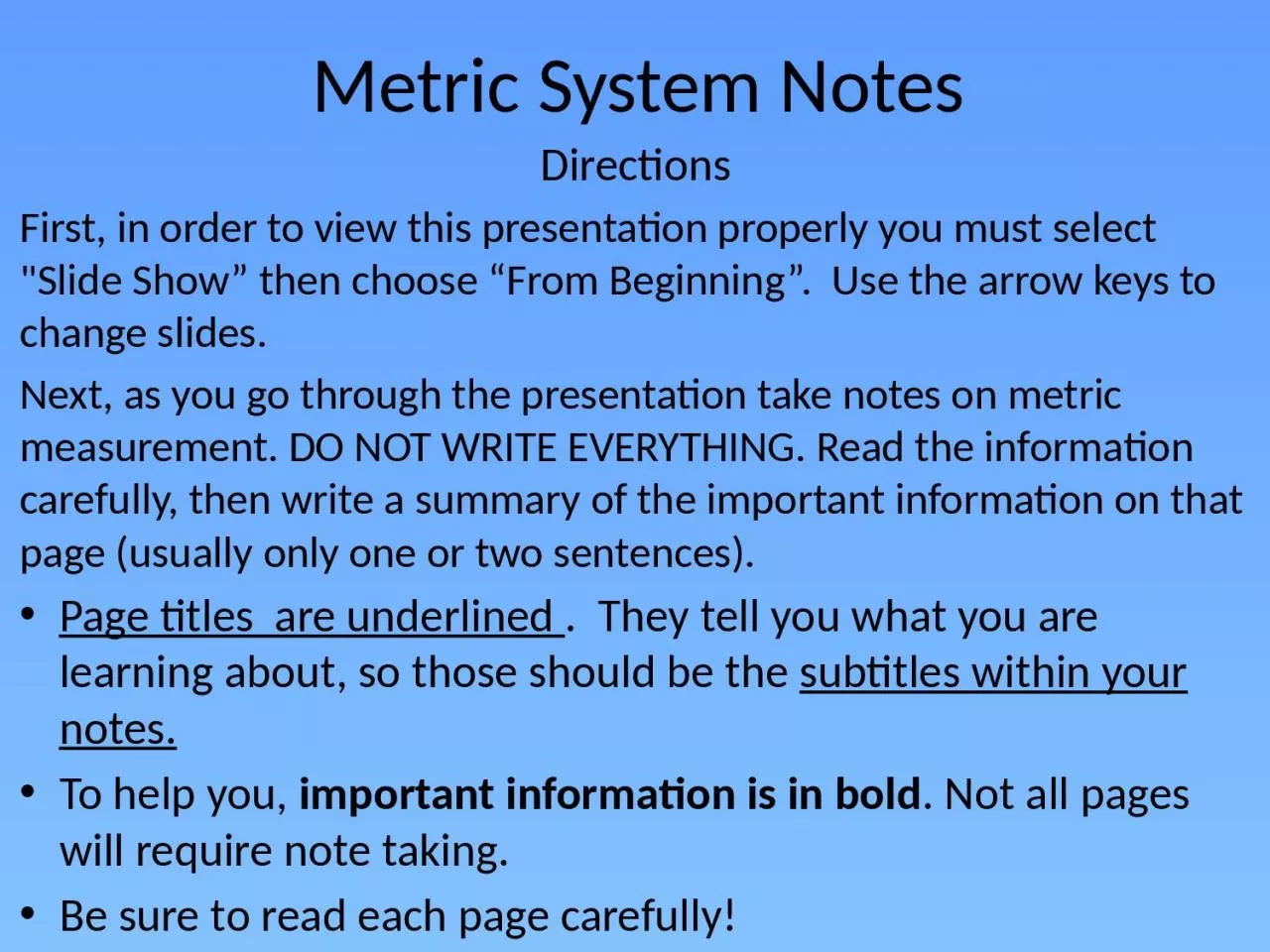 Metric System Notes Directions
