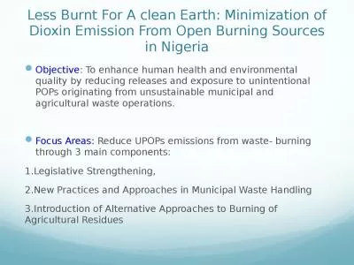 Less Burnt For A clean Earth: Minimization of Dioxin Emission From Open Burning Sources in Nigeria