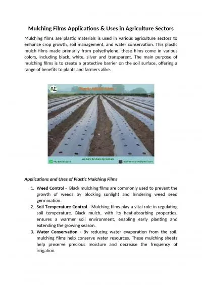 Mulching Films Applications & Uses in Agriculture Sectors