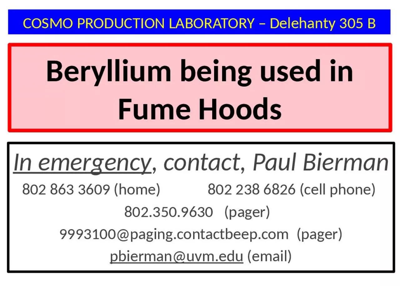 Beryllium being used  in Fume Hoods