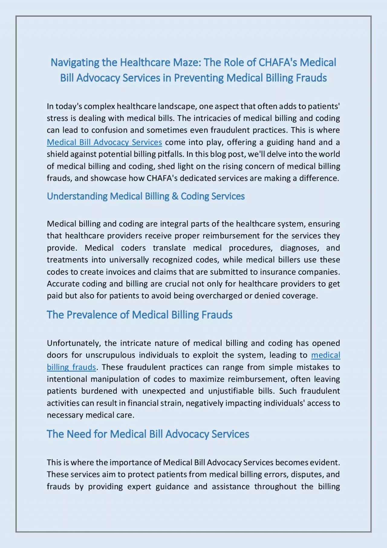 The Role of CHAFA\'s Medical Bill Advocacy Services in Preventing Medical Billing Frauds