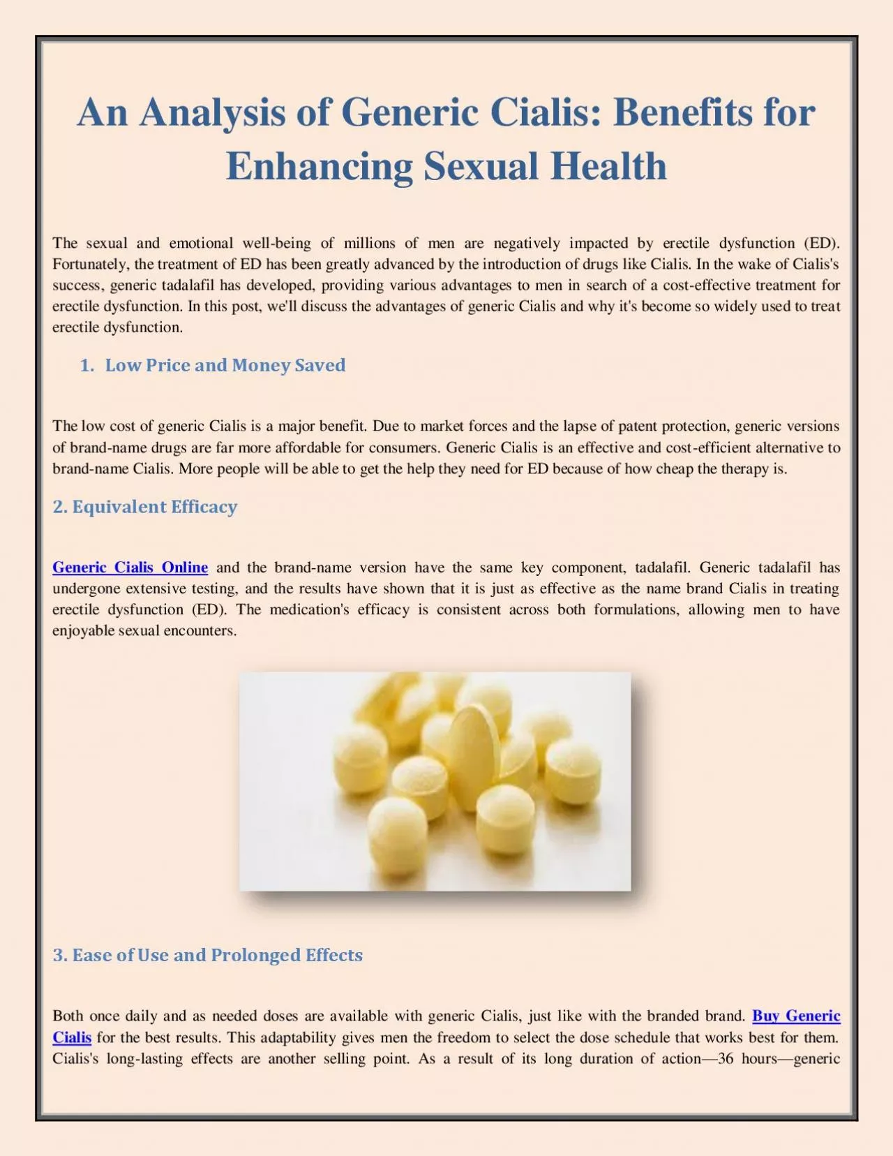 An Analysis of Generic Cialis: Benefits for Enhancing Sexual Health