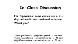 In-Class Discussion For tapeworms, some clinics use a 21-day automatic re-treatment schedule.