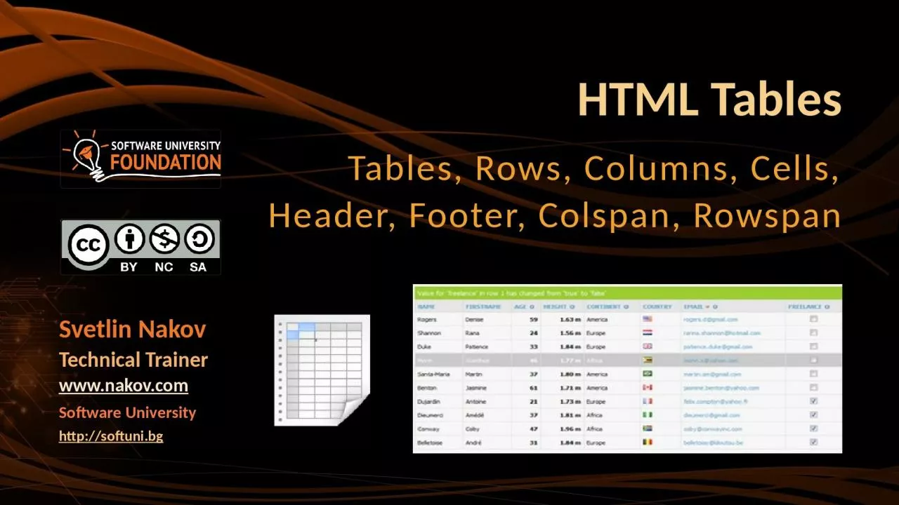 PPT-HTML Tables Tables, Rows, Columns, Cells, Header, Footer,