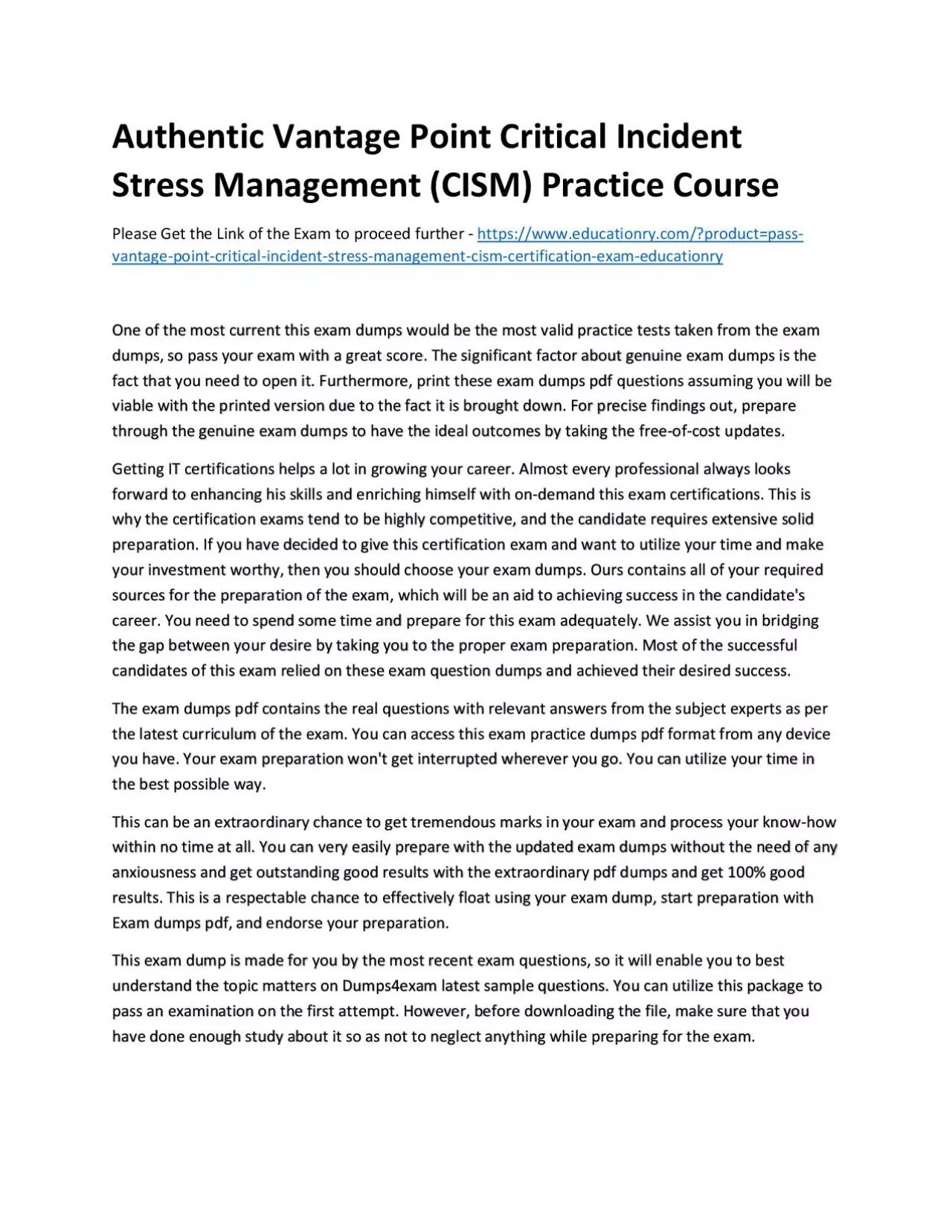 Authentic Vantage Point Critical Incident Stress Management (CISM) Practice Course